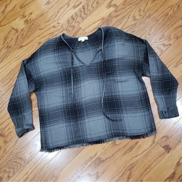 Anthropologie Cloth & Stone Plaid Top Frayed Hem - Picture 1 of 8